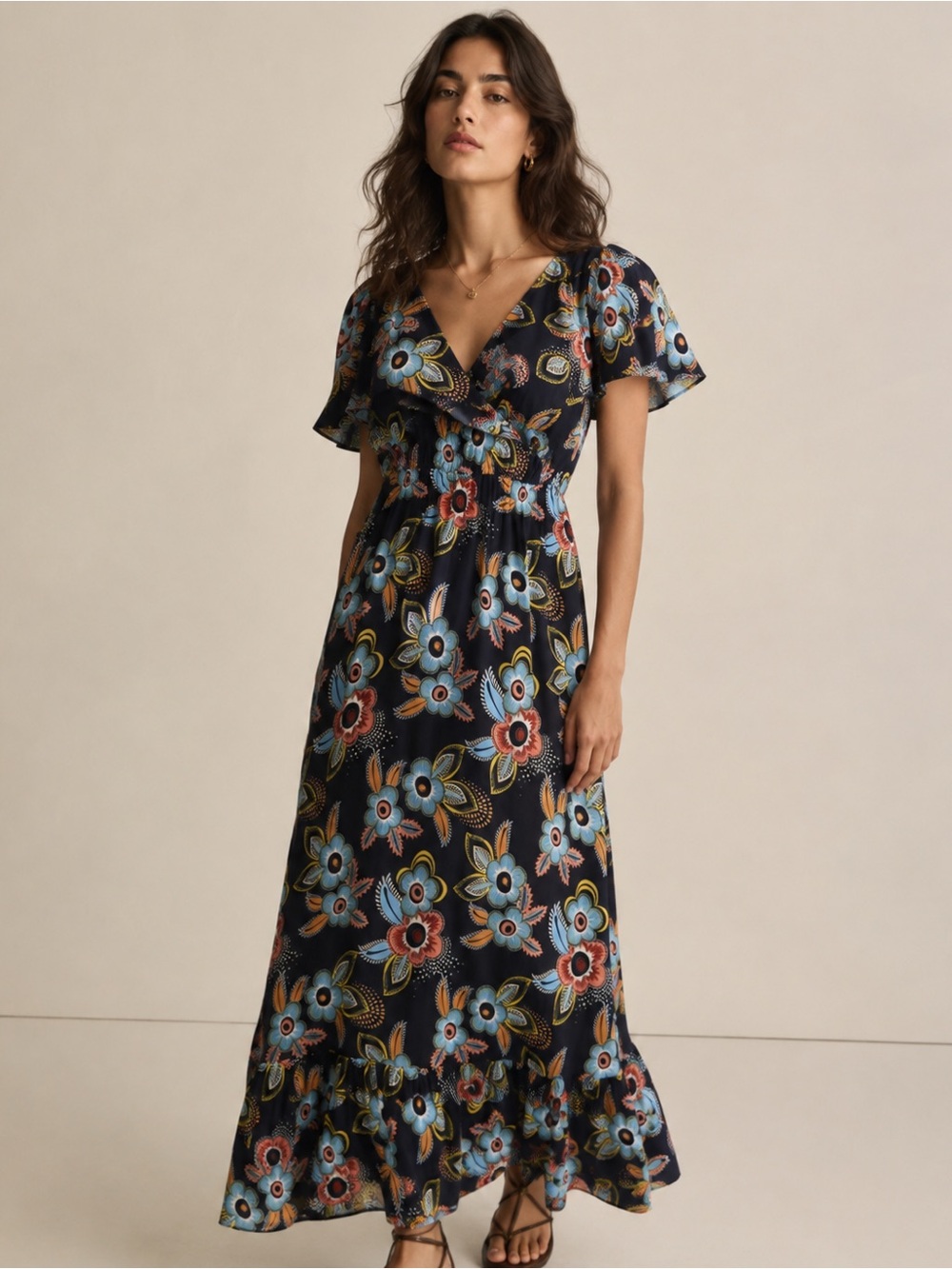 LOFT Navy with Floral Pattern Off Shoulder Ruffle Maxi Dress Size Small